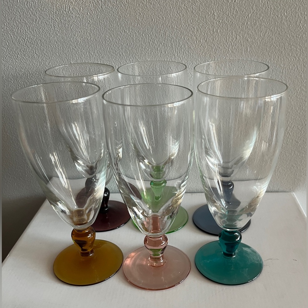 Vintage French Luminarc Set of 6 glasses clear goblet bowls -colored ball stems
